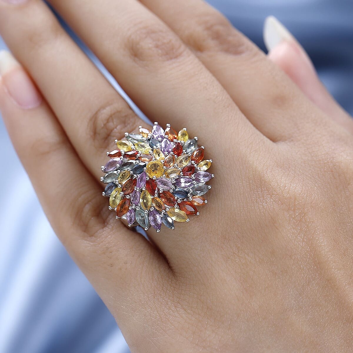 Multi Sapphire Floral Ring in Platinum Over Sterling Silver (Size 5.0) 6.85 ctw image number 2