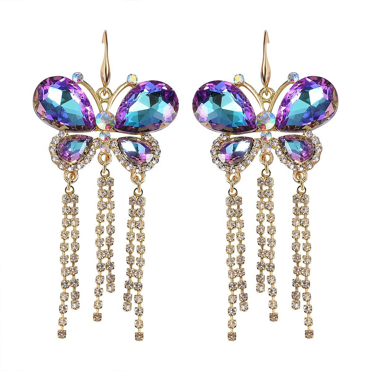 Purple Color Glass and Austrian Crystal Butterfly Earrings in ION Plated YG Stainless Steel & Goldtone
