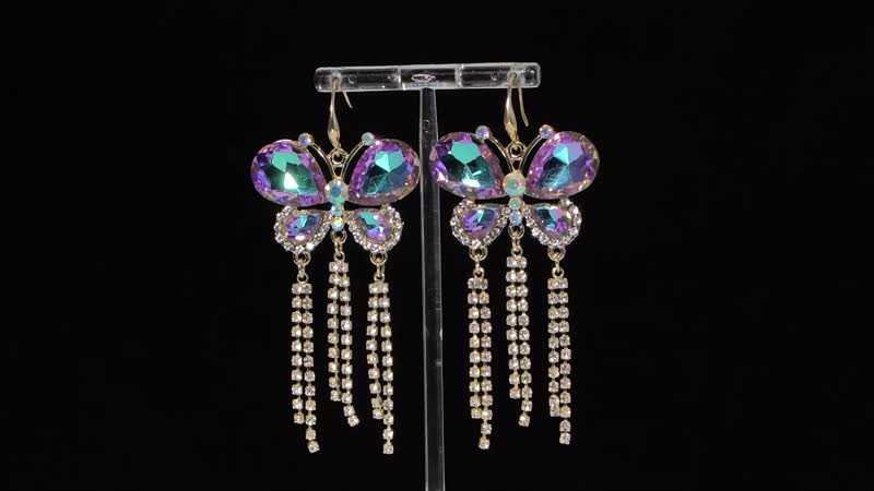 Purple Color Glass, Austrian Crystal Butterfly Earrings in ION Plated YG Stainless Steel & Goldtone