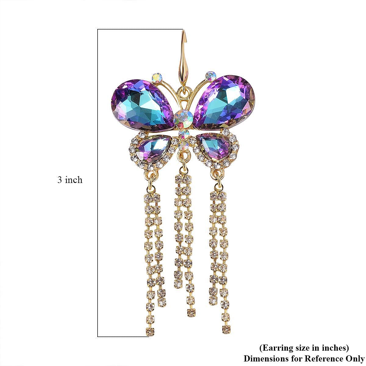 Purple Color Glass and Austrian Crystal Butterfly Earrings in ION Plated YG Stainless Steel & Goldtone