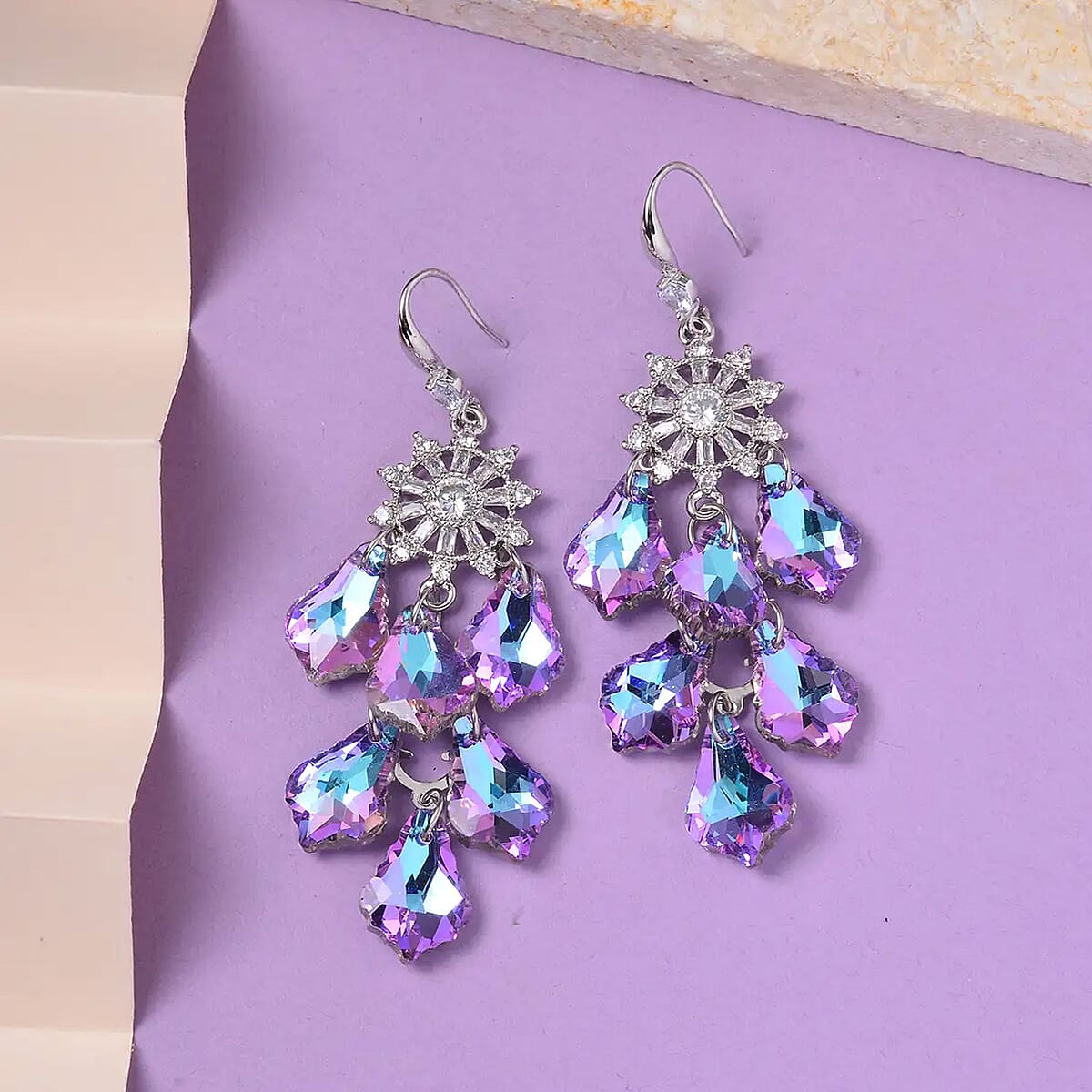 Purple Magic Color Glass and Austrian Crystal Chandelier Earrings in Silvertone image number 1