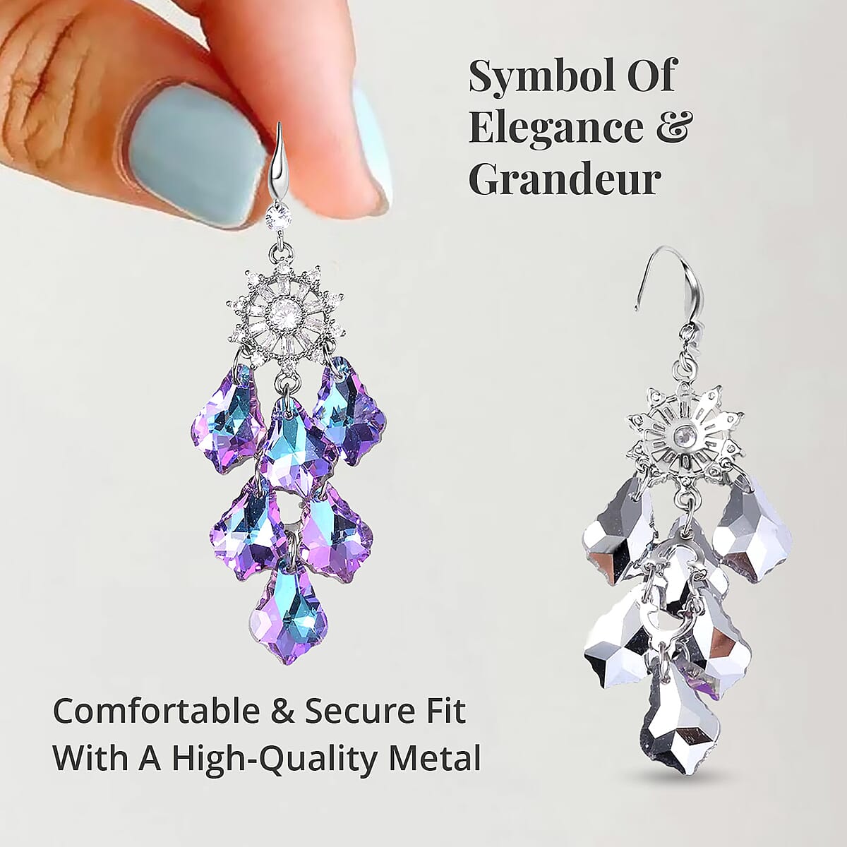 Purple Magic Color Glass and Austrian Crystal Chandelier Earrings in Silvertone image number 3