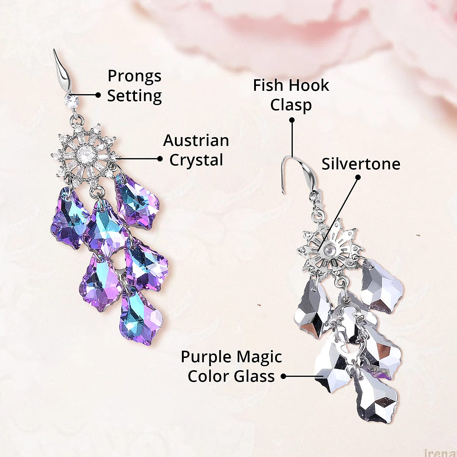 Purple Magic Color Glass and Austrian Crystal Chandelier Earrings in Silvertone