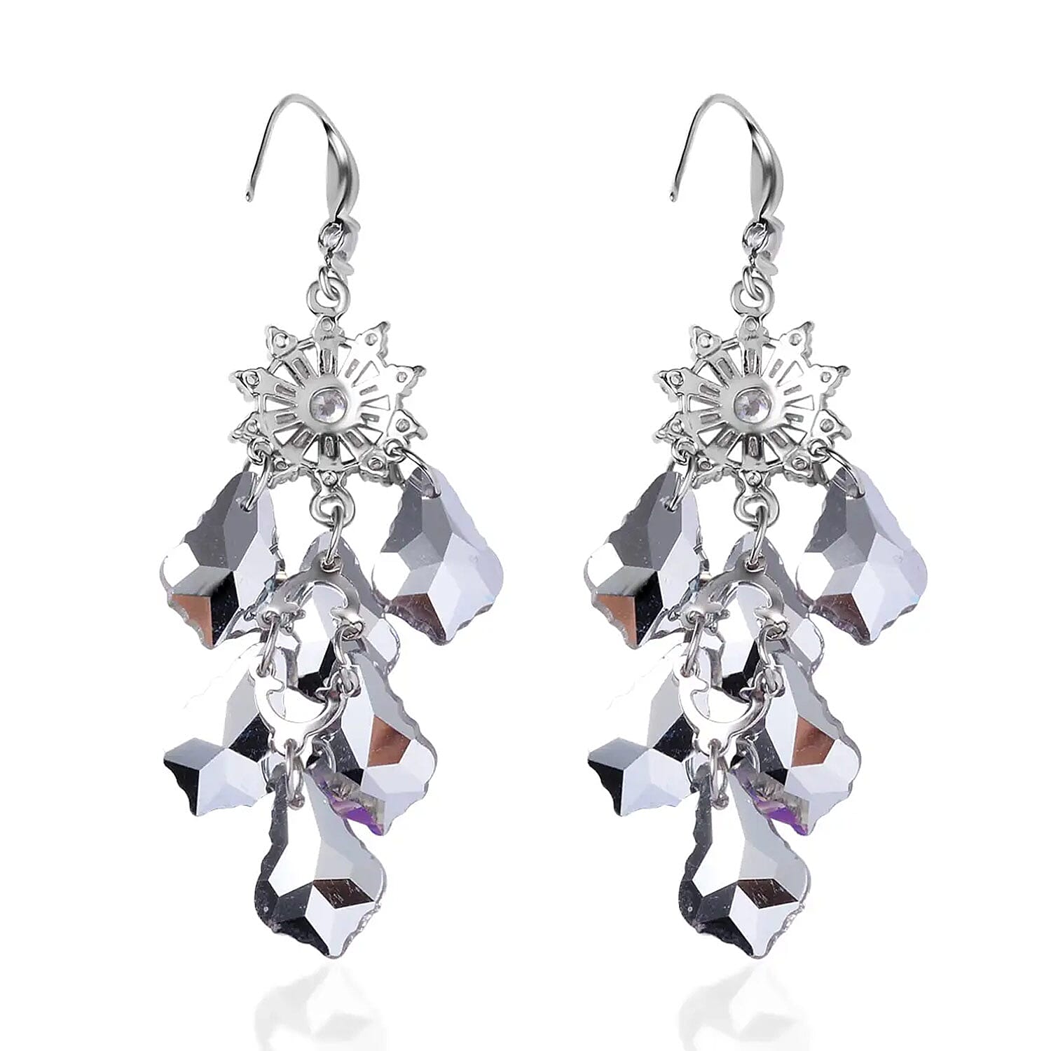 Purple Magic Color Glass and Austrian Crystal Chandelier Earrings in Silvertone