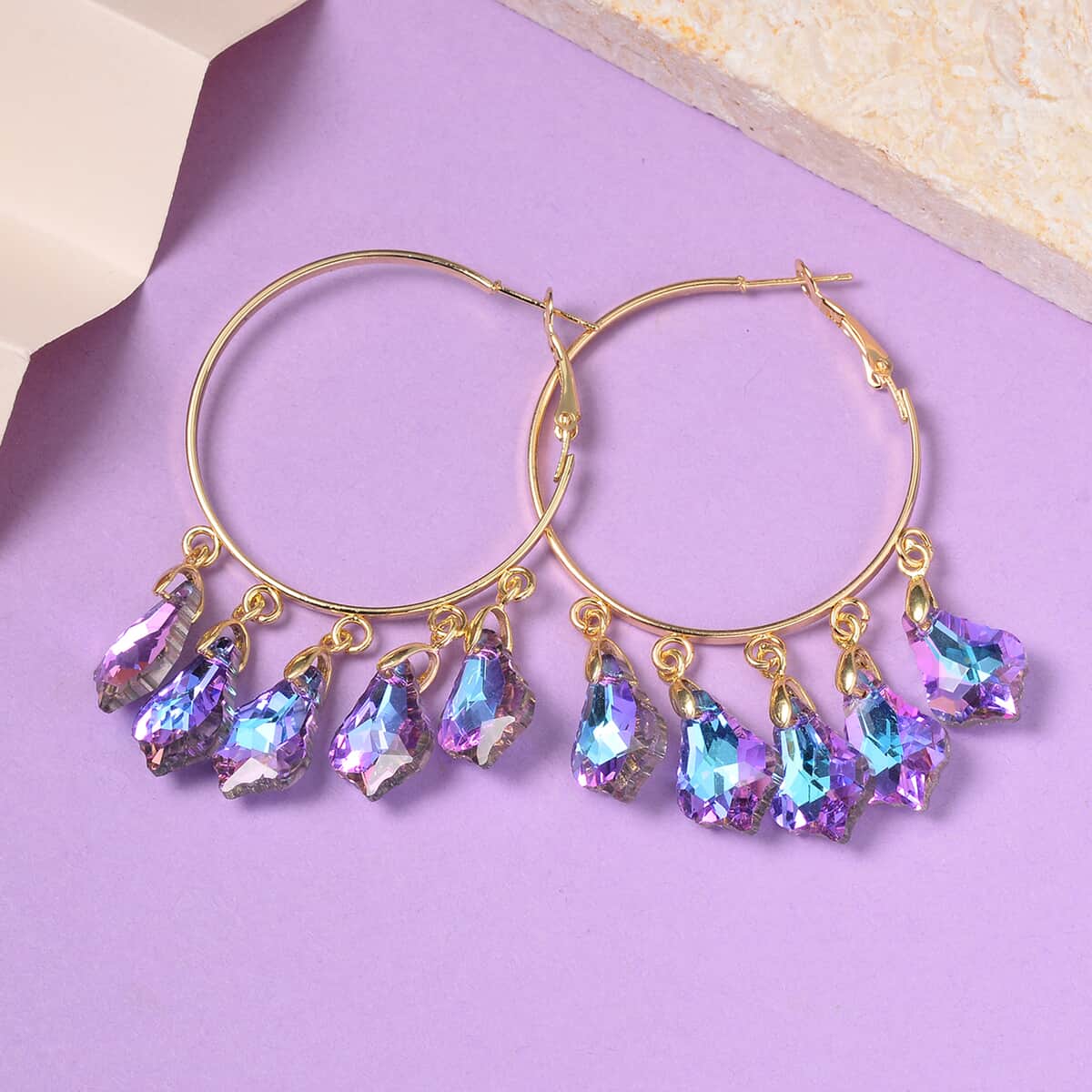 Purple Magic Color Glass Chandelier Earrings in Goldtone image number 1
