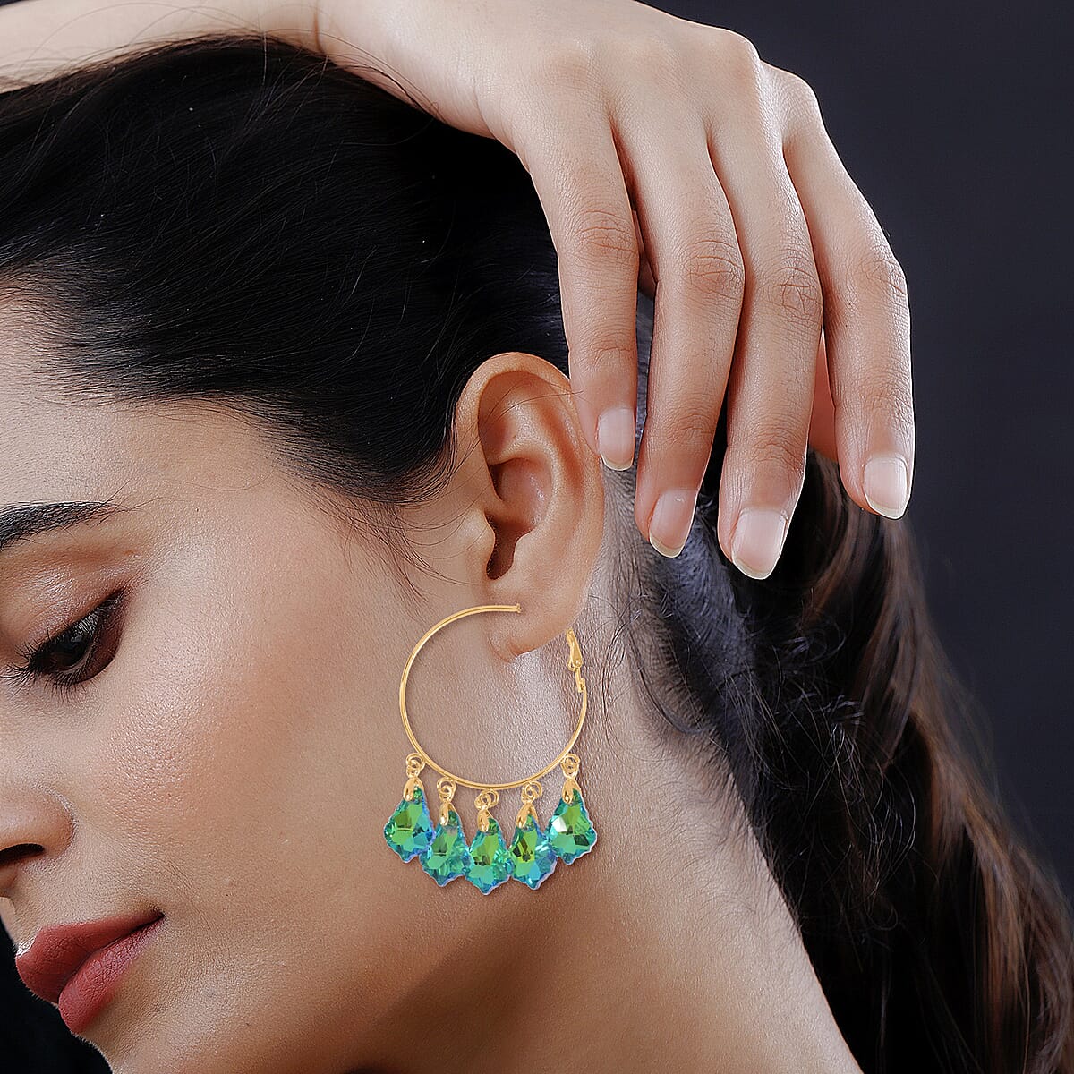 Green Magic Color Glass Earrings in Goldtone image number 2