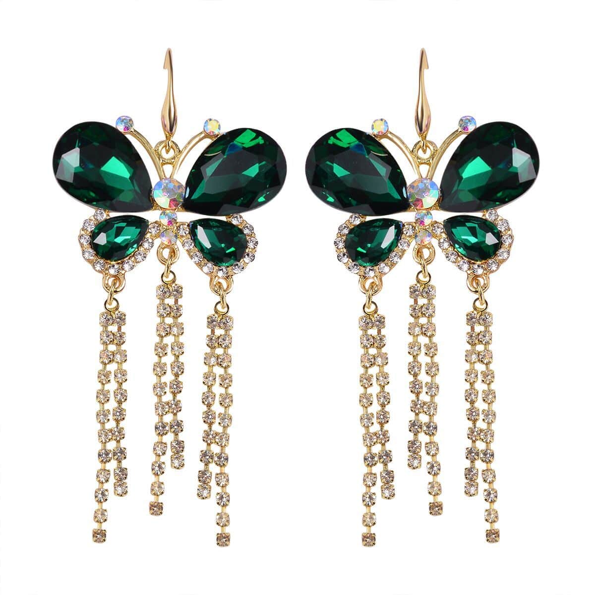 Green Glass, Austrian Crystal Butterfly Earrings in ION Plated YG Stainless Steel & Goldtone image number 0