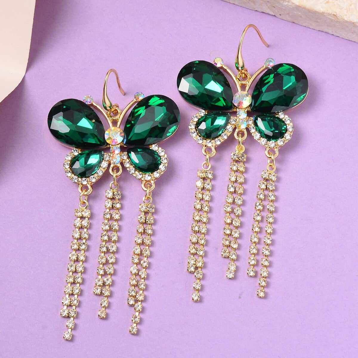 Green Glass, Austrian Crystal Butterfly Earrings in ION Plated YG Stainless Steel & Goldtone image number 1