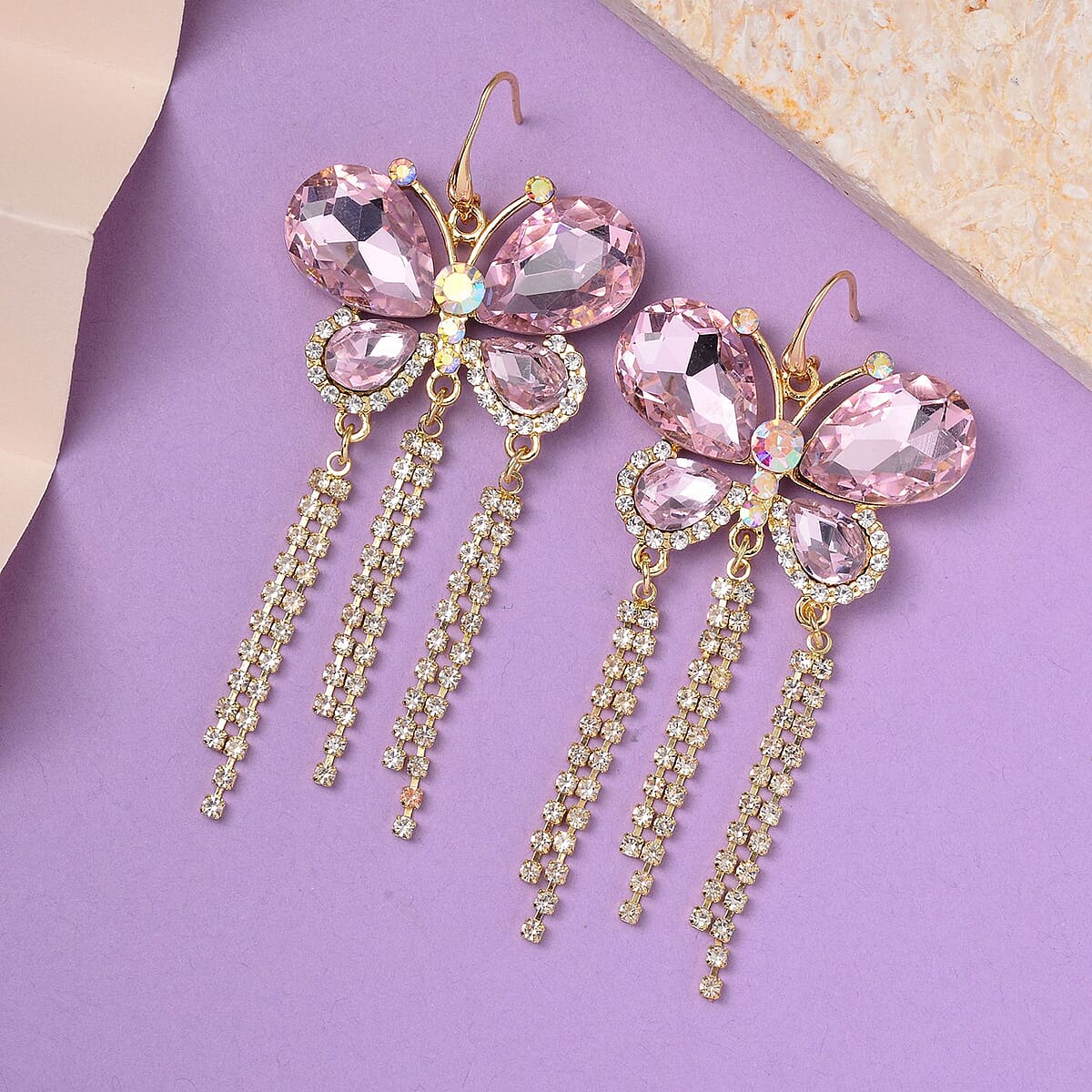 Pink Glass and Austrian Crystal Butterfly Earrings in ION Plated YG Stainless Steel & Goldtone image number 1
