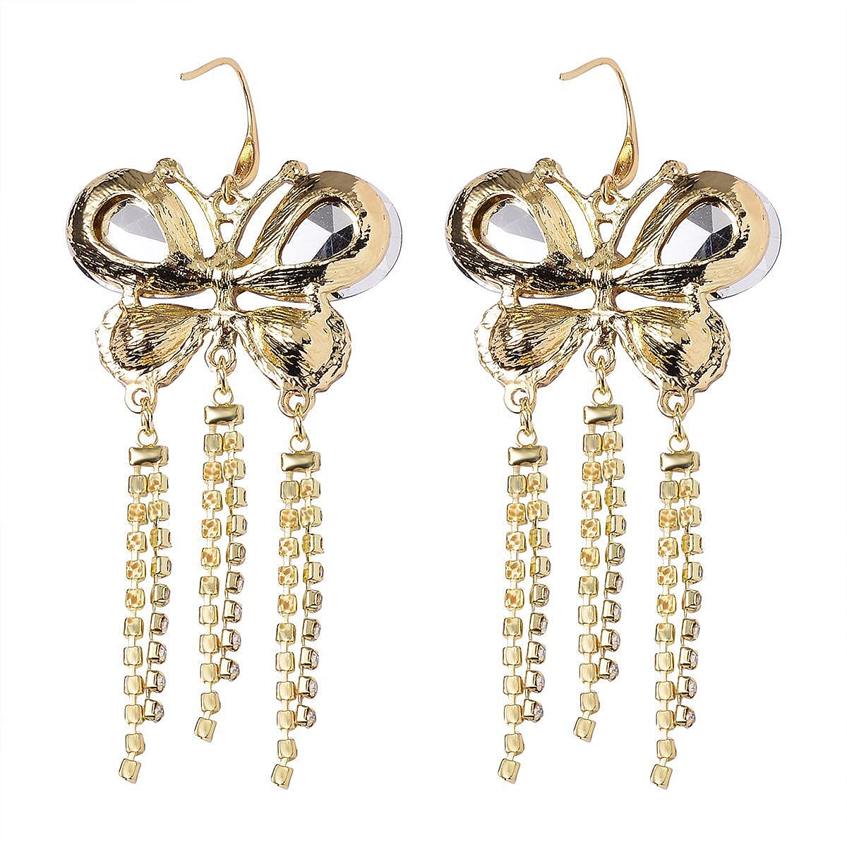 Pink Glass and Austrian Crystal Butterfly Earrings in ION Plated YG Stainless Steel & Goldtone image number 3