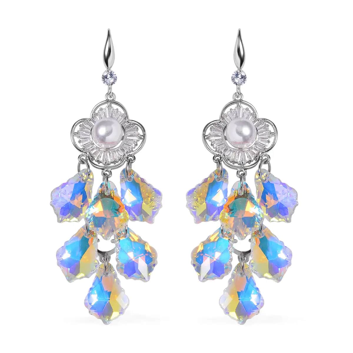 White Mystic Color Glass, Austrian Crystal and Simulated Pearl Chandelier Earrings in Silvertone image number 0