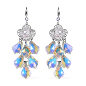 White Mystic Color Glass, Austrian Crystal and Simulated Pearl Chandelier Earrings in Silvertone