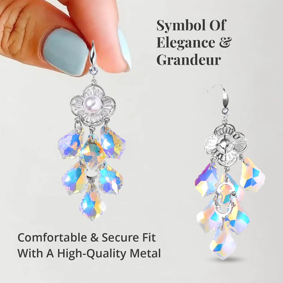 White Mystic Color Glass, Austrian Crystal and Simulated Pearl Chandelier Earrings in Silvertone image number 3