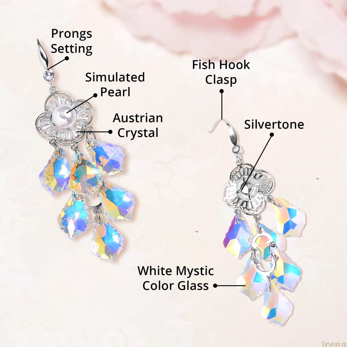 White Mystic Color Glass, Austrian Crystal and Simulated Pearl Chandelier Earrings in Silvertone image number 4