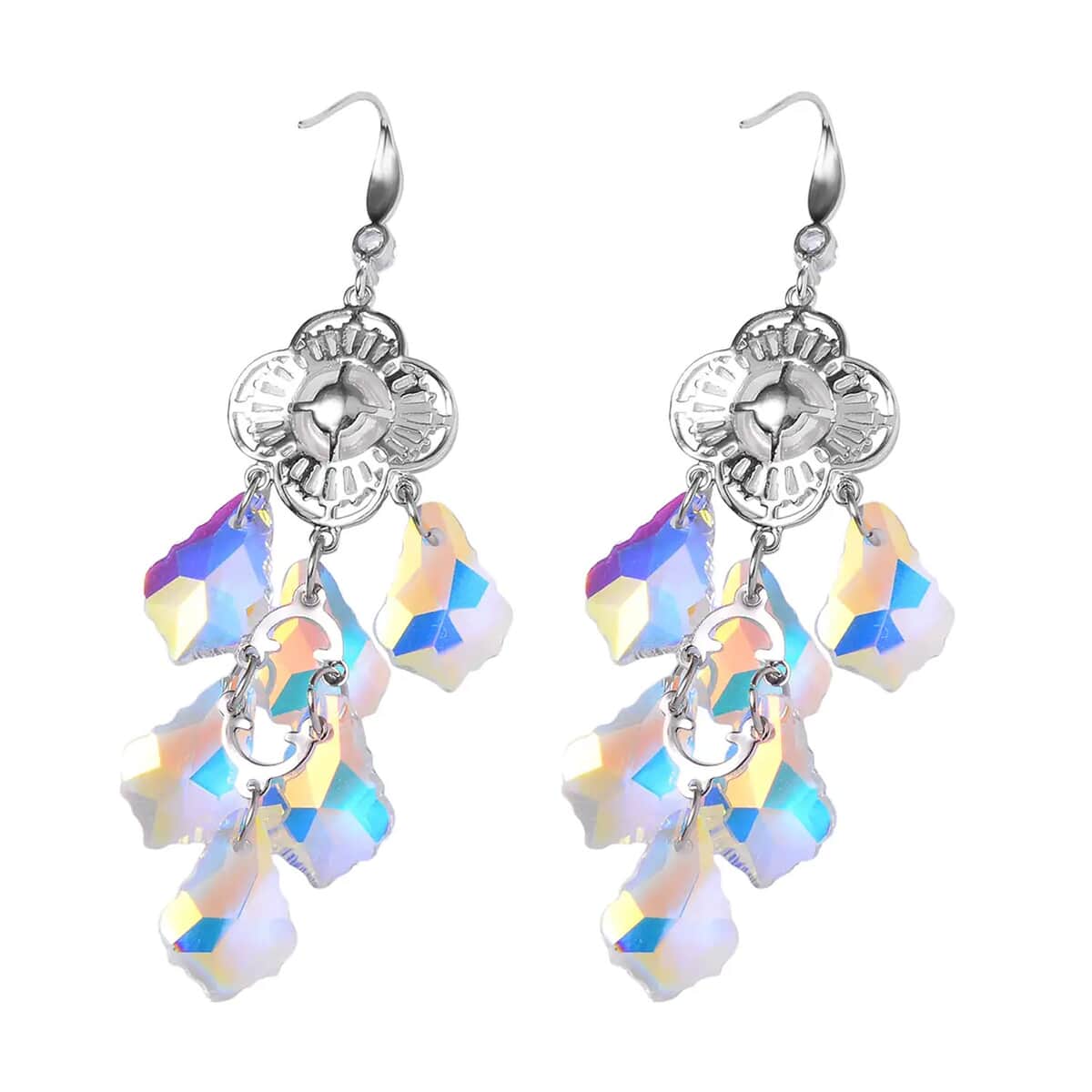 White Mystic Color Glass, Austrian Crystal and Simulated Pearl Chandelier Earrings in Silvertone image number 8