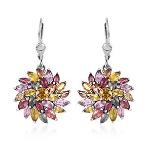 Multi Sapphire Floral Earrings in Platinum Over Sterling Silver 6.65 ctw