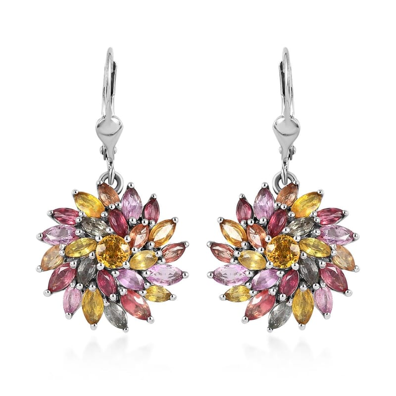 D'Joy Multi Sapphire Floral Earrings in Platinum Over Sterling Silver 6.65 ctw