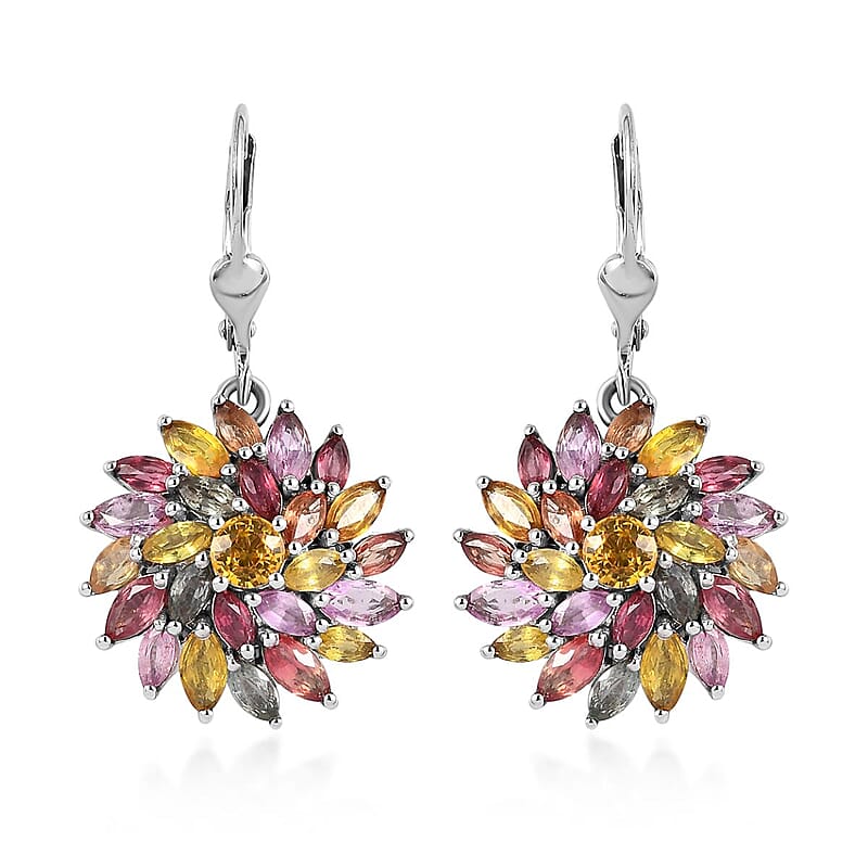 D'Joy Multi Sapphire Floral Earrings in Platinum Over Sterling Silver 6.65 ctw