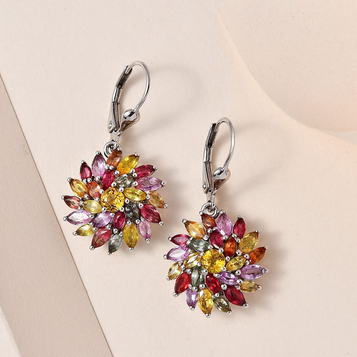 Multi Sapphire Floral Earrings in Platinum Over Sterling Silver 6.65 ctw image number 1