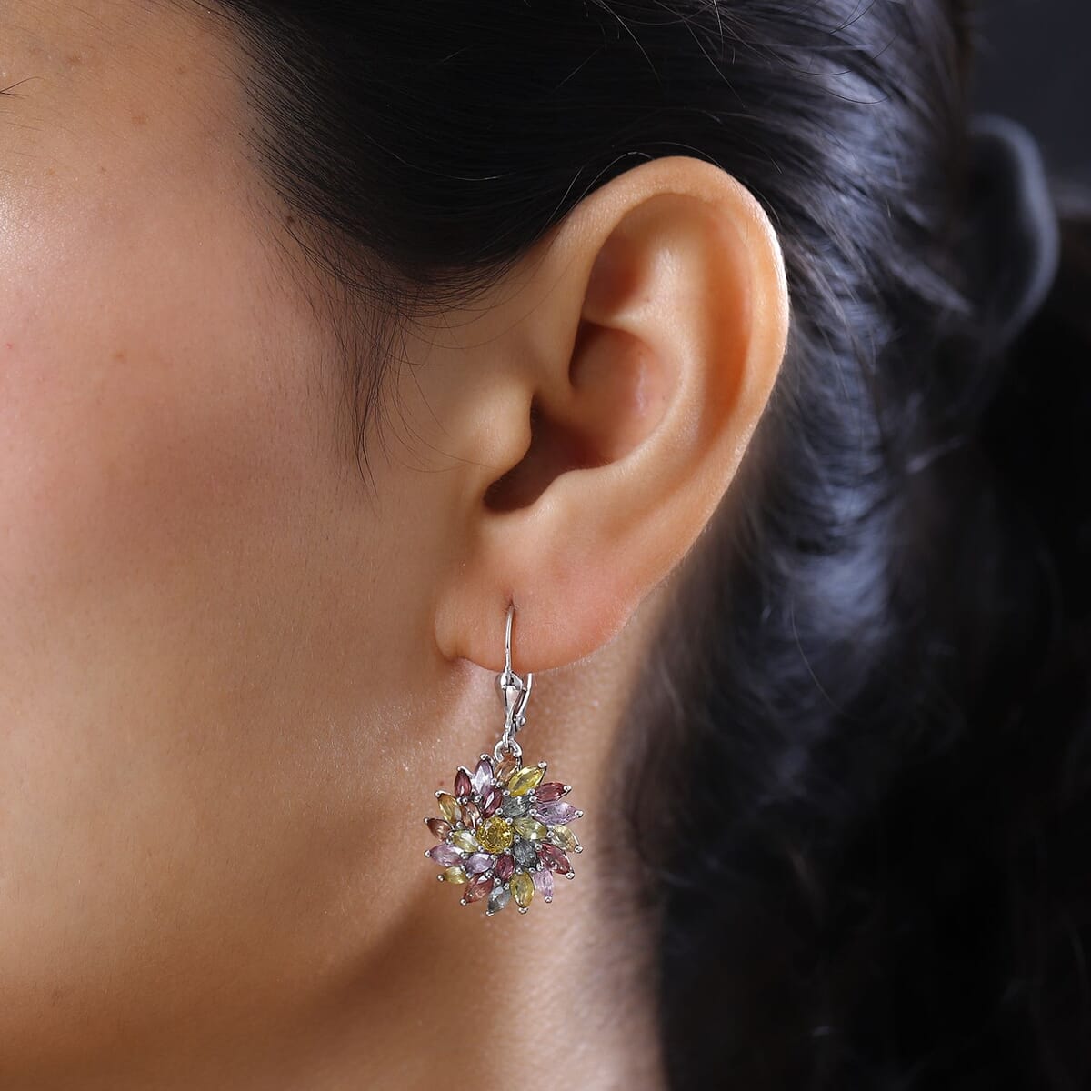 Multi Sapphire Floral Earrings in Platinum Over Sterling Silver 6.65 ctw image number 2