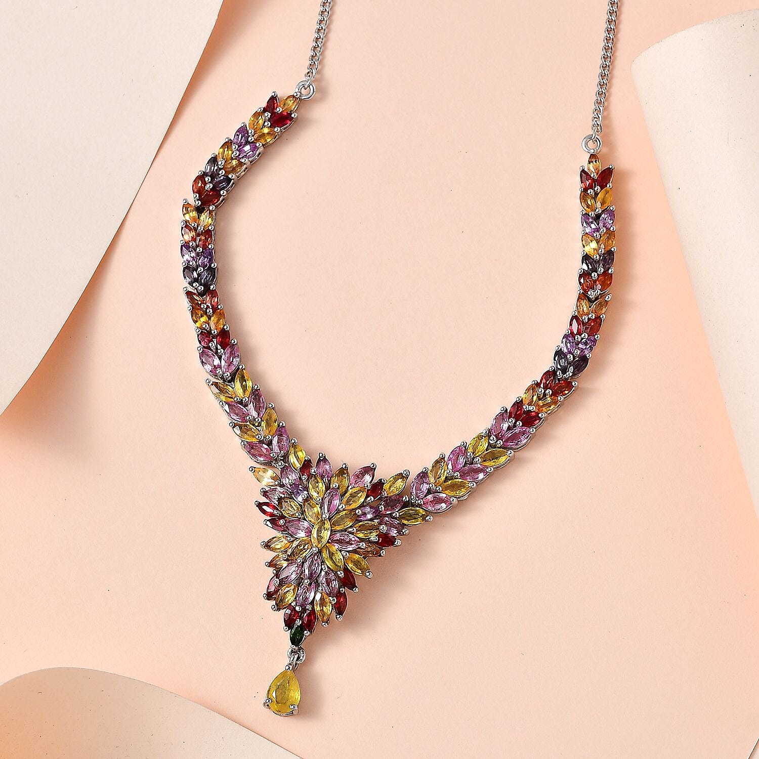 Multi Sapphire Necklace 18 Inches in Platinum Over Sterling Silver 18.60 ctw