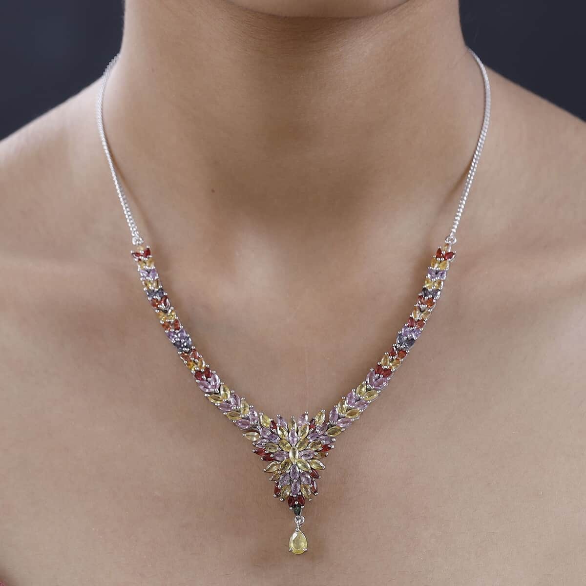 Multi Sapphire Necklace 18 Inches in Platinum Over Sterling Silver 18.60 ctw image number 2