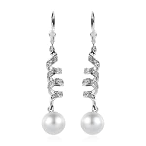 South Sea White Pearl and White Zircon Dangle Earrings in Platinum Over Sterling Silver 0.50 ctw