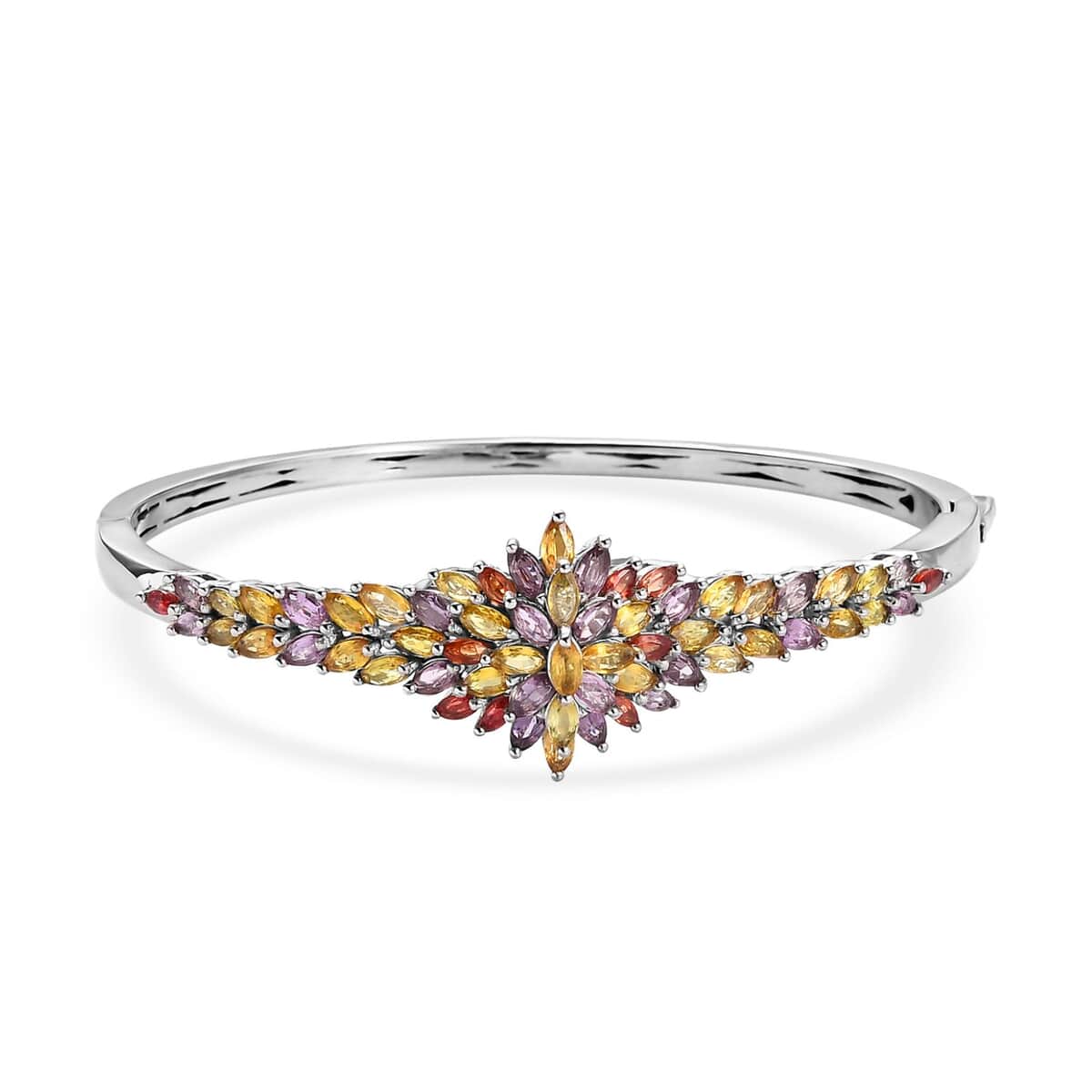 Multi Sapphire Floral Bangle Bracelet in Platinum Over Sterling Silver (7.25 In) 10.40 ctw image number 0