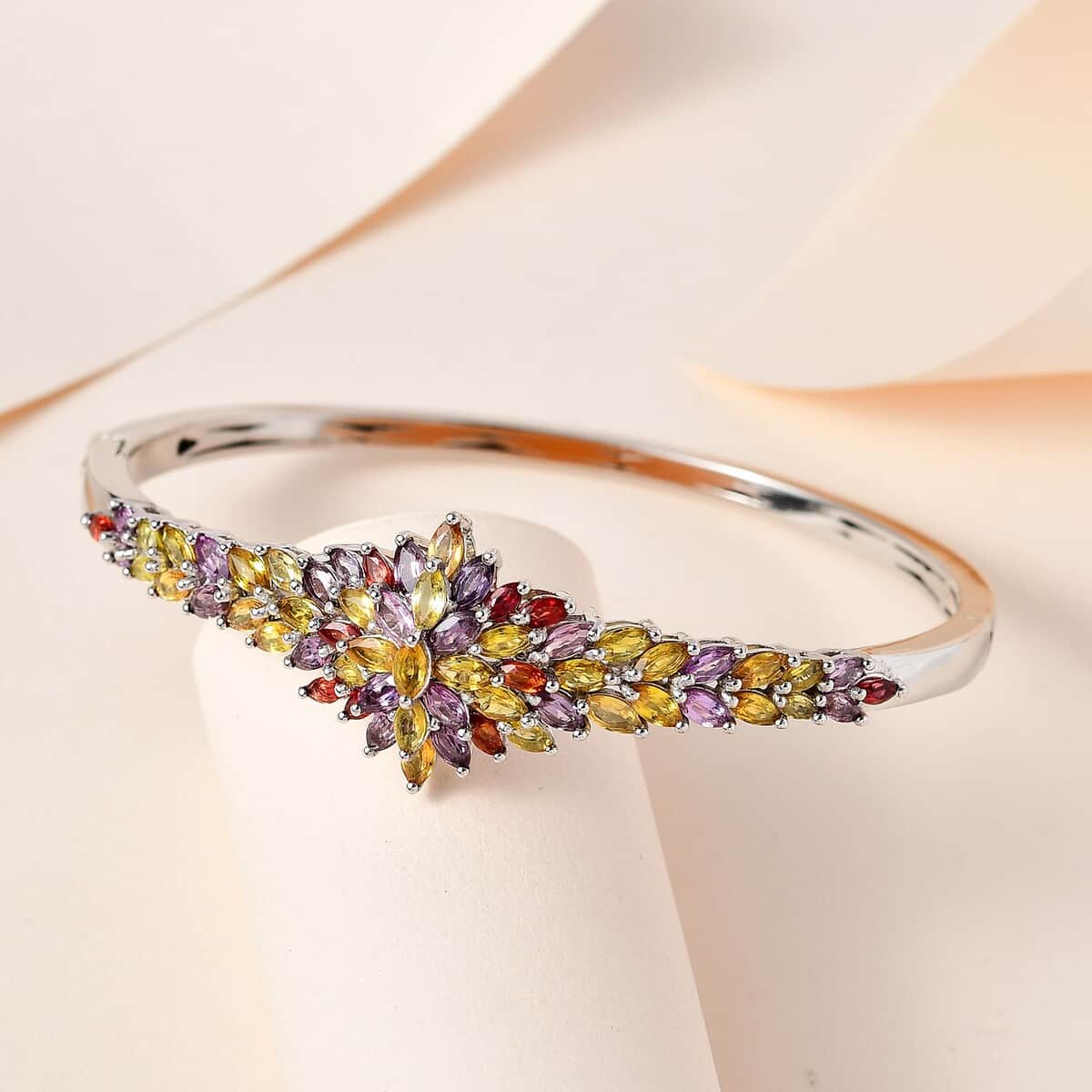 Multi Sapphire Floral Bangle Bracelet in Platinum Over Sterling Silver (7.25 In) 10.40 ctw image number 1