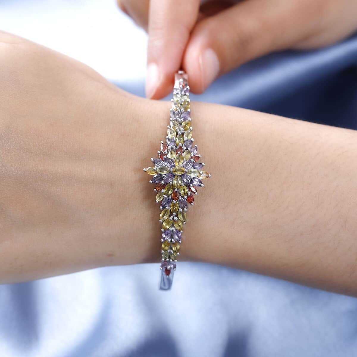 Multi Sapphire Floral Bangle Bracelet in Platinum Over Sterling Silver (7.25 In) 10.40 ctw image number 2