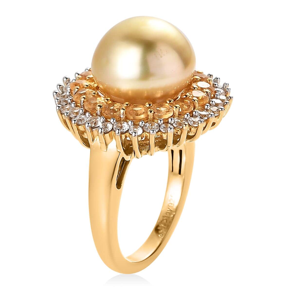 South Sea Golden Pearl and Multi Gemstone Double Halo Ring in Vermeil Yellow Gold Over Sterling Silver 1.80 ctw image number 3