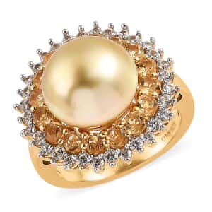 South Sea Golden Pearl and Multi Gemstone Double Halo Ring in Vermeil Yellow Gold Over Sterling Silver 1.80 ctw