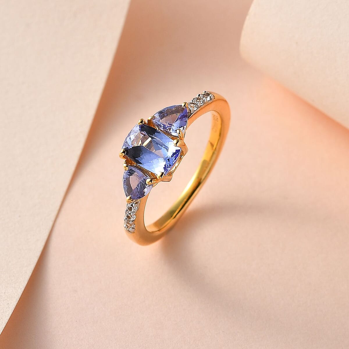 Tanzanite and White Zircon 3 Stone Ring in Vermeil Yellow Gold Over Sterling Silver (Size 10.0) 1.25 ctw image number 1
