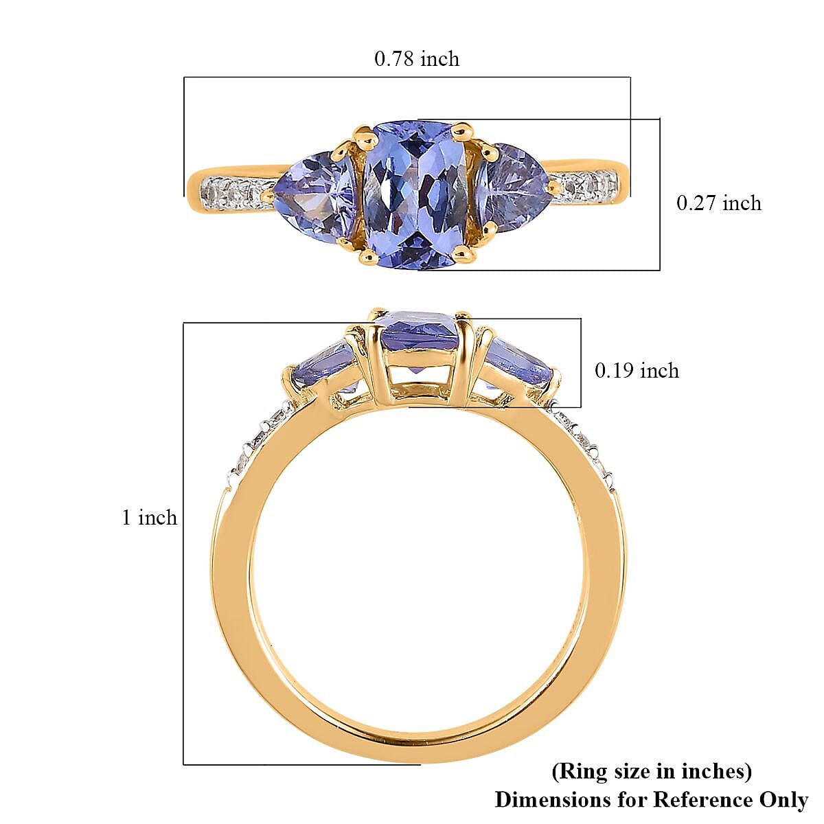Tanzanite and White Zircon 3 Stone Ring in Vermeil Yellow Gold Over Sterling Silver (Size 10.0) 1.25 ctw
