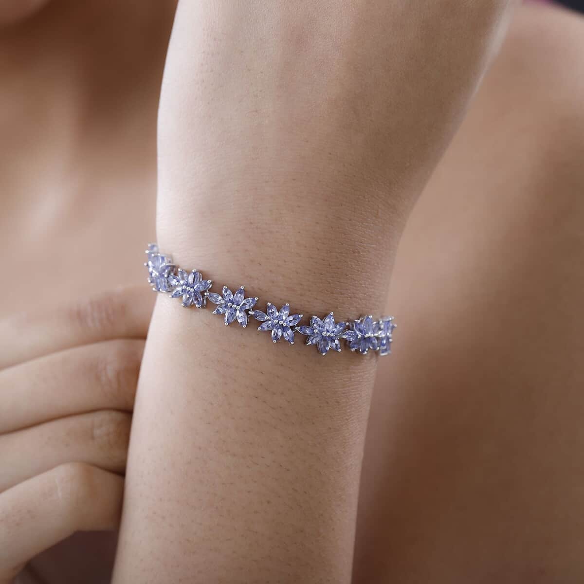 Tanzanite 9.50 ctw Floral Link Bracelet in Platinum Over Sterling Silver (6.50 In) image number 2