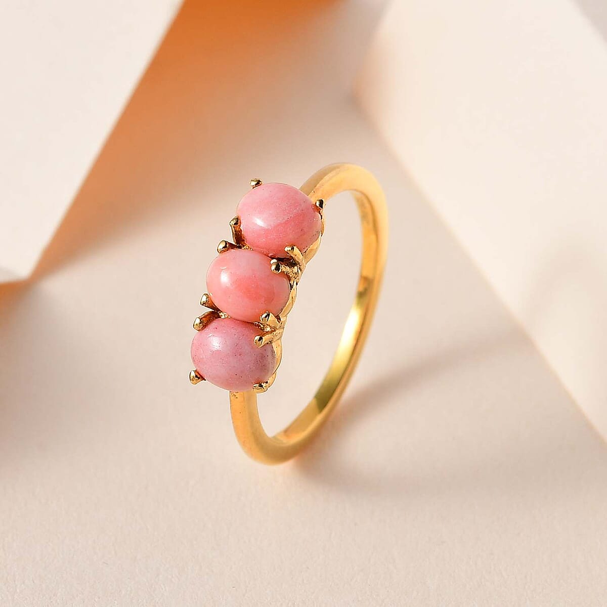 Oregon Sunrise Peach Opal 3 Stone Ring in Vermeil Yellow Gold Over Sterling Silver 0.85 ctw image number 1
