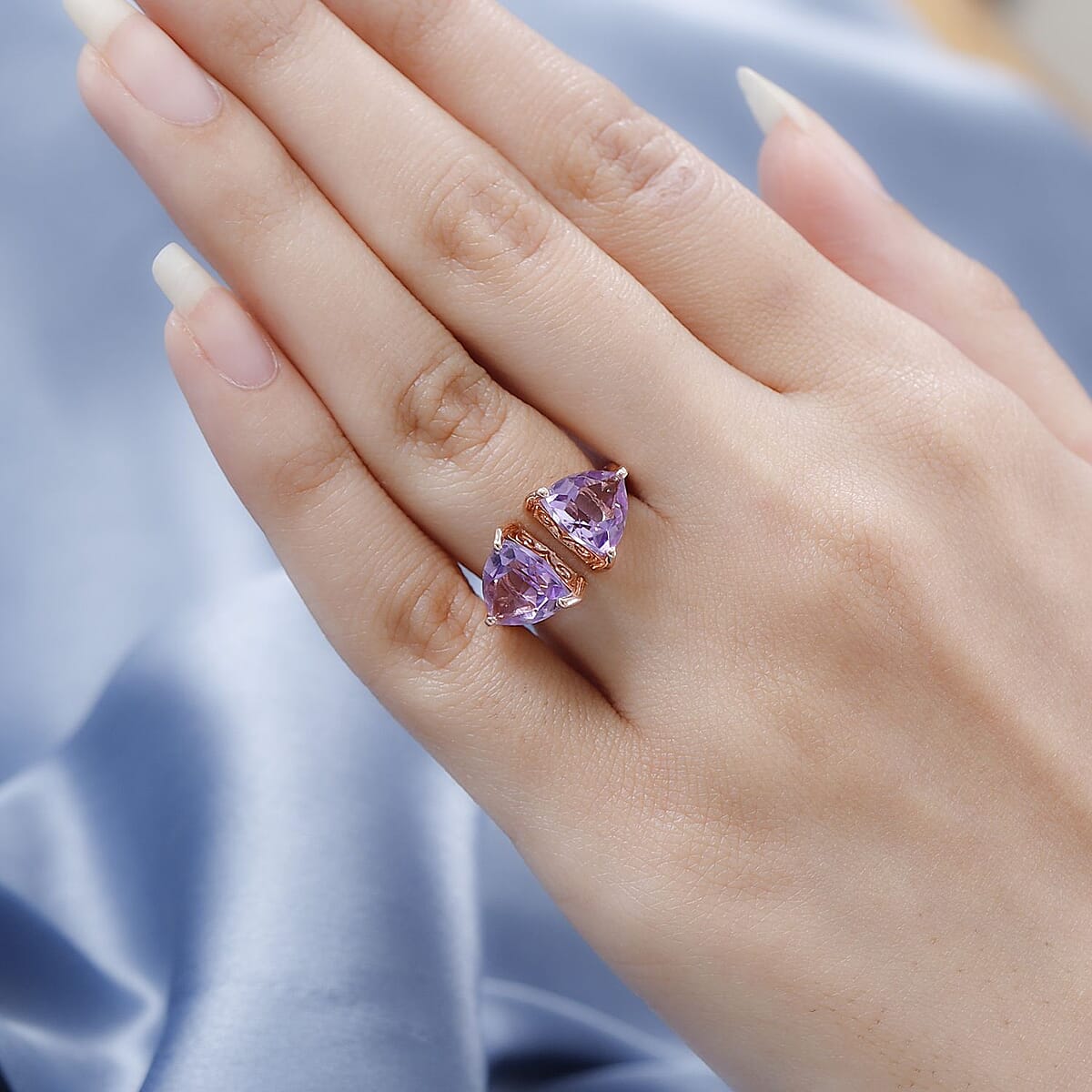 AAA Rose De France Amethyst Bypass Ring in Vermeil Rose Gold Over Sterling Silver 4.15 ctw image number 2