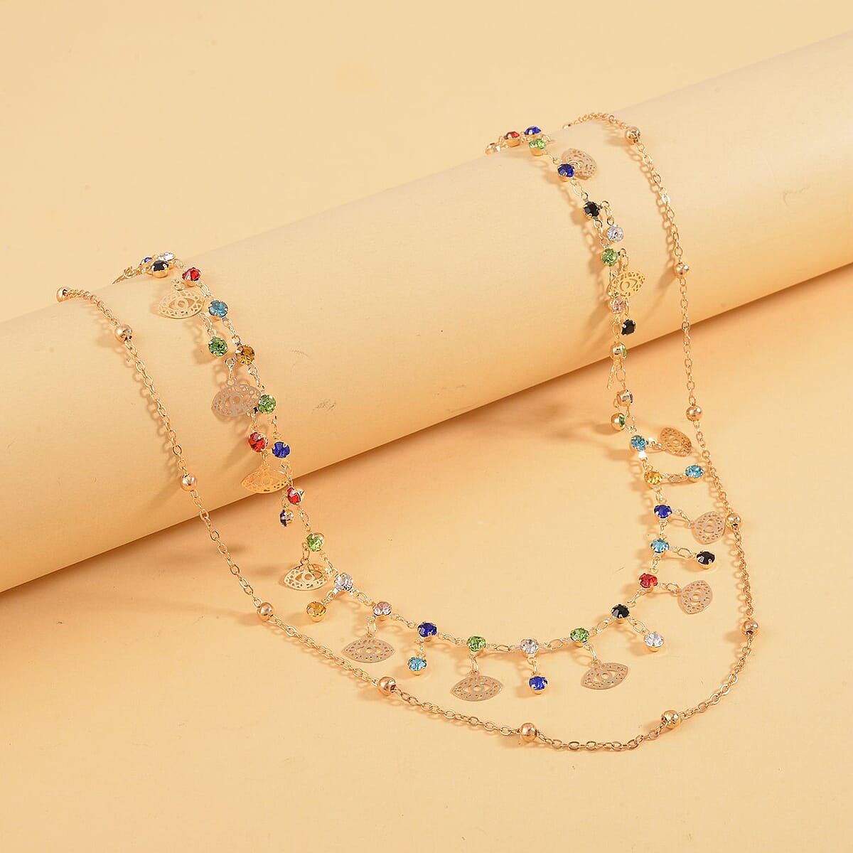 Multi Color Austrian Crystal and Enameled Evil Eye Protector Waist Chain 32-39 Inches in Goldtone image number 1