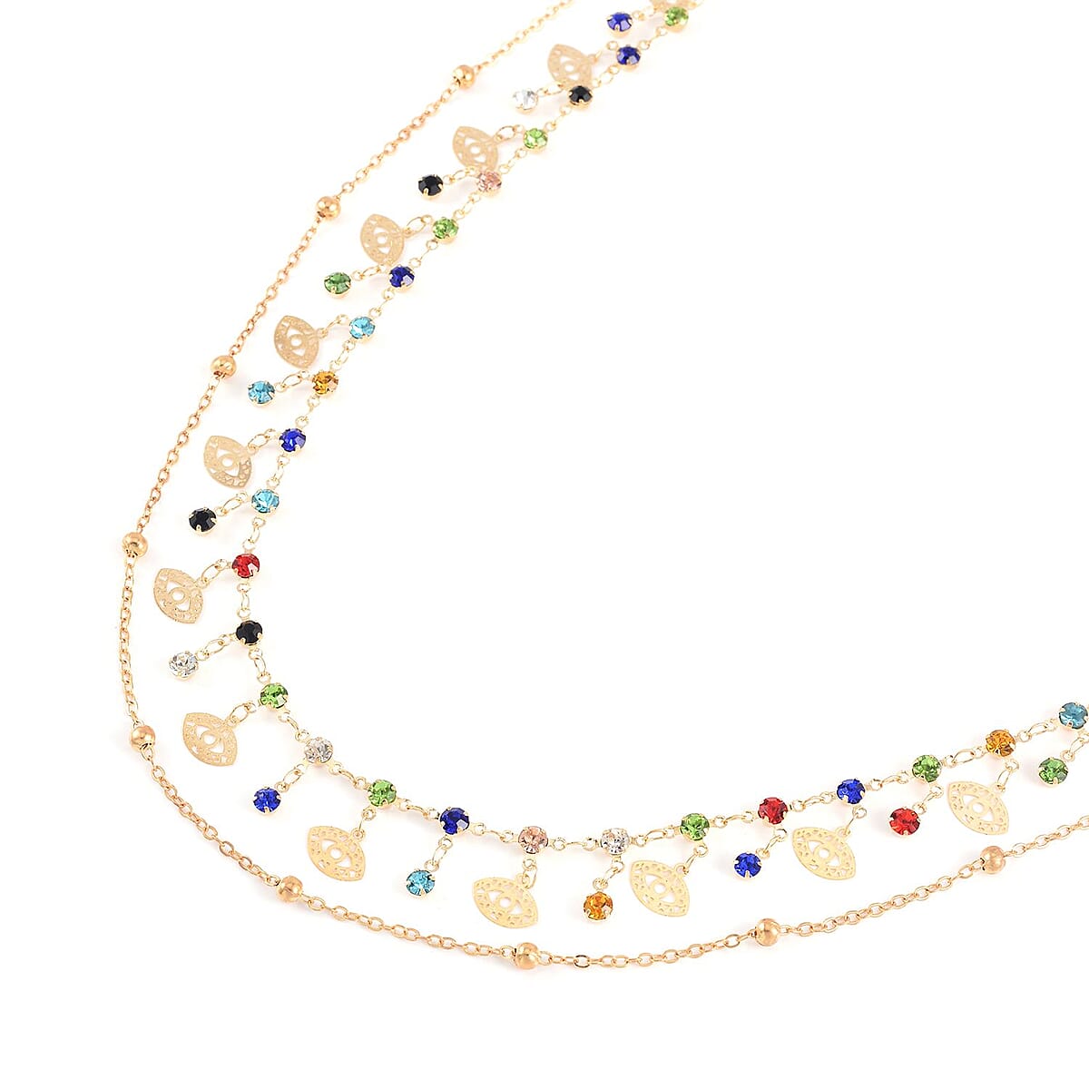 Multi Color Austrian Crystal and Enameled Evil Eye Protector Waist Chain 32-39 Inches in Goldtone image number 2