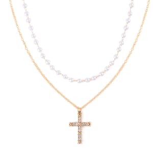 Simulated Pearl and Austrian Crystal Layered Cross Necklace 18-20 Inches in Goldtone