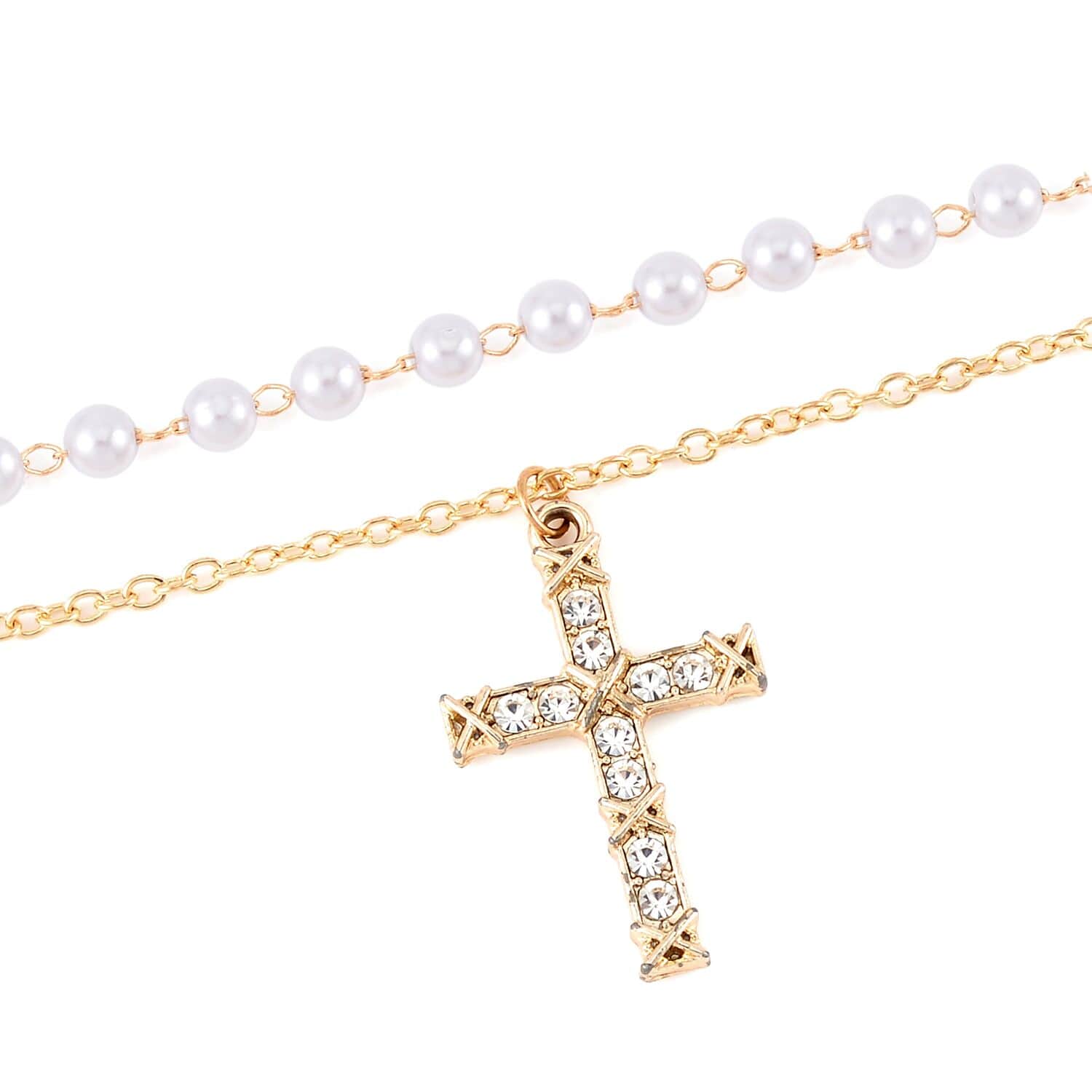 Mother’s Day Gift Simulated Pearl and Austrian Crystal Layered Cross  Necklace 18-20 Inches in Goldtone