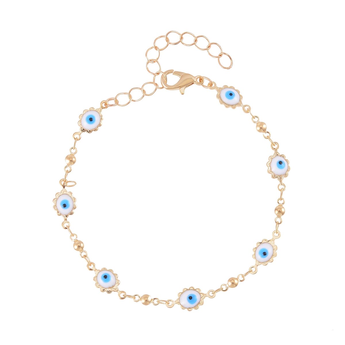 Multi Color Enameled Floral Evil Eye Protector Station Bracelet Anklet (7-9In) in Goldtone image number 0