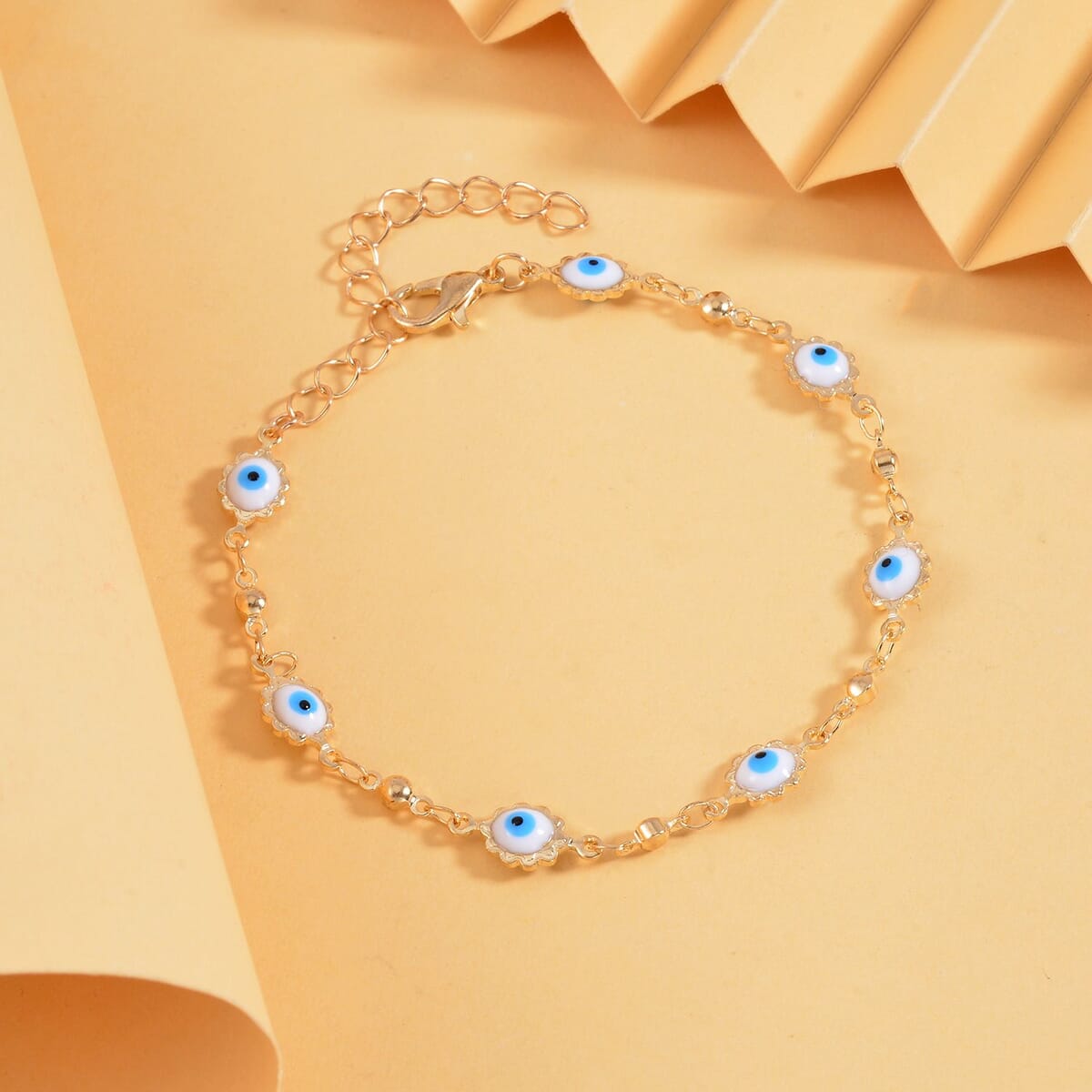 Multi Color Enameled Floral Evil Eye Protector Station Bracelet Anklet (7-9In) in Goldtone image number 1