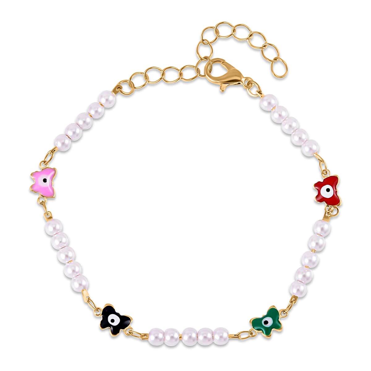 Simulated Pearl, Multi Color Enameled Evil Eye Protector Butterfly Bracelet (7-9In) in Goldtone image number 0