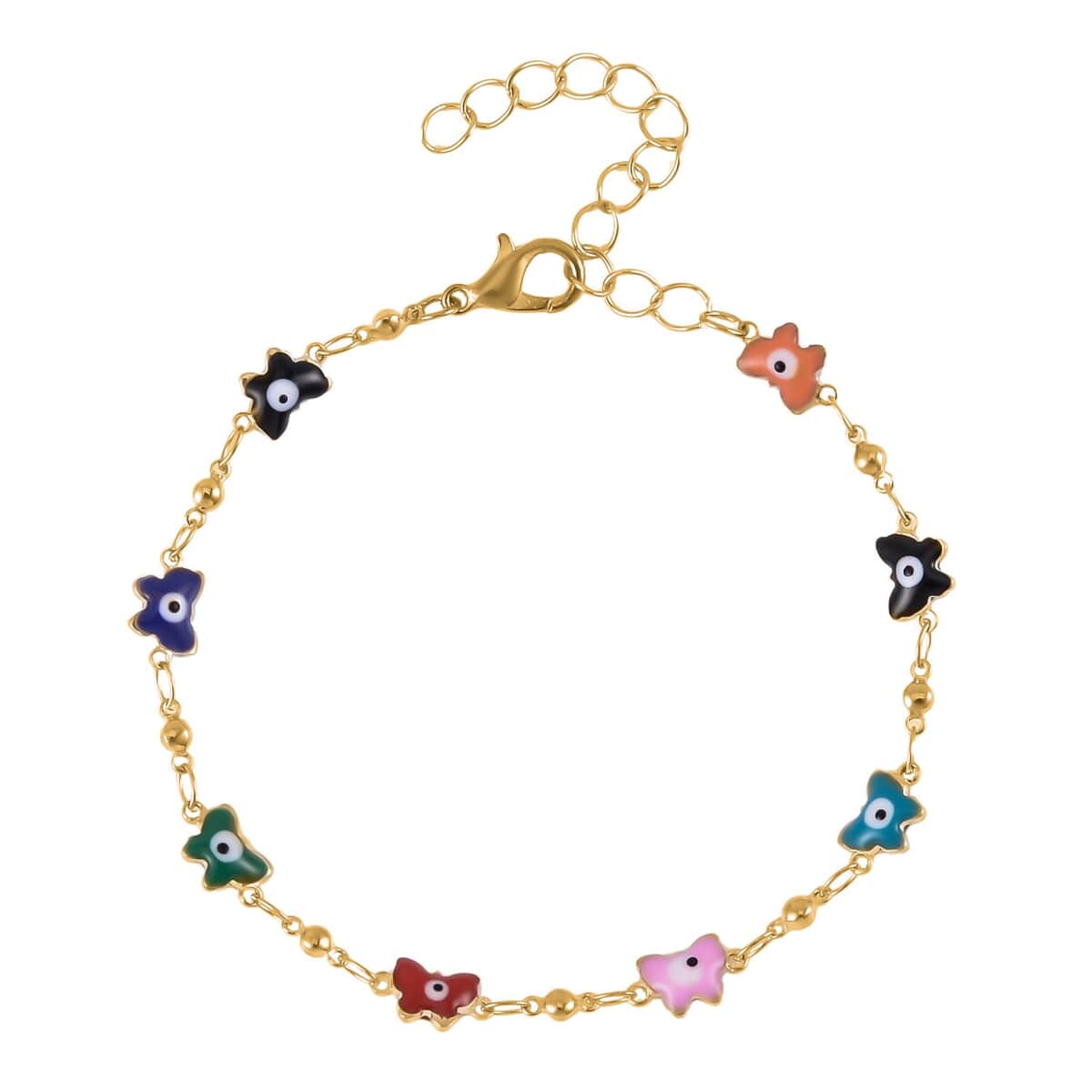 Multi Color Enameled Evil Eye Protector Butterfly Bracelet Anklet (7-9In) in Goldtone image number 0