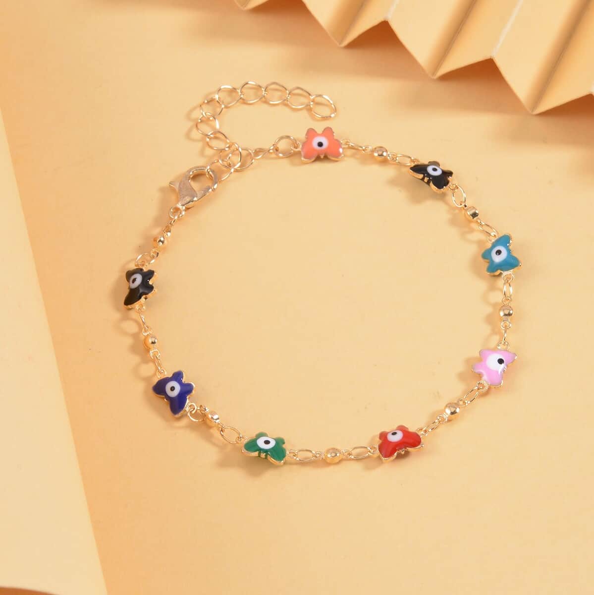 Multi Color Enameled Evil Eye Protector Butterfly Bracelet Anklet (7-9In) in Goldtone image number 1