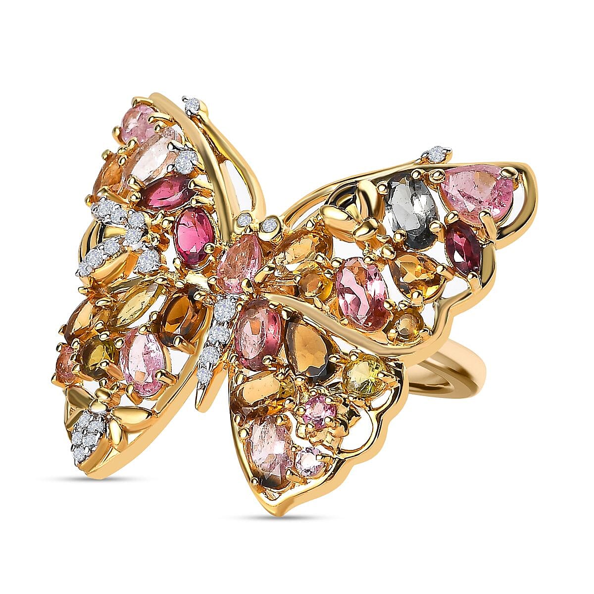 Multi-Tourmaline, Multi Gemstone 4.61 ctw Ring in 18K Vermeil Yellow Gold Over Sterling Silver (Size 11.5)