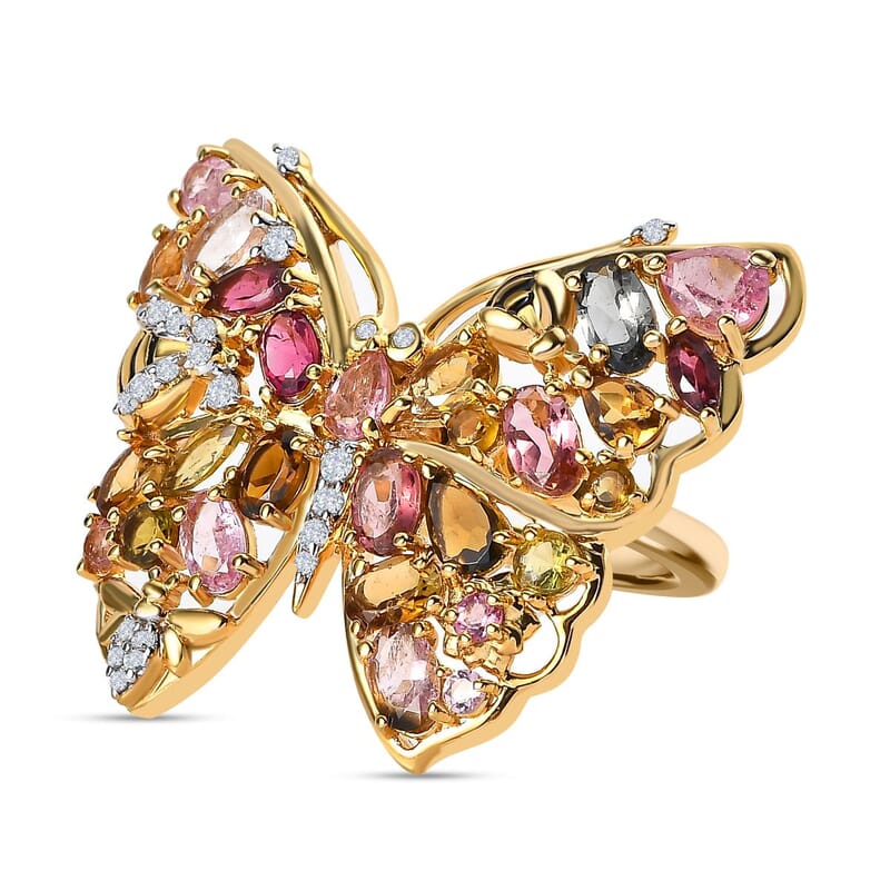 Multi-Tourmaline, Multi Gemstone 4.61 ctw Ring in 18K Vermeil Yellow Gold Over Sterling Silver (Size 11.5)