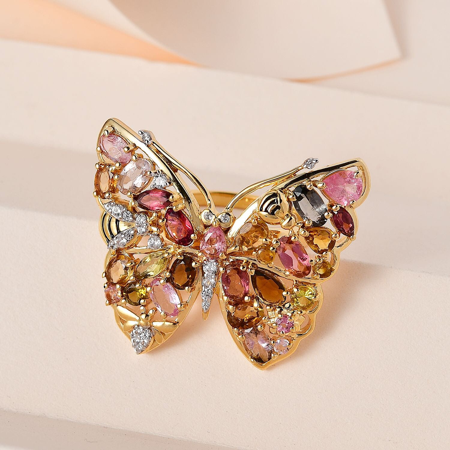 Multi-Tourmaline, Multi Gemstone 4.61 ctw Ring in 18K Vermeil Yellow Gold Over Sterling Silver (Size 11.5)