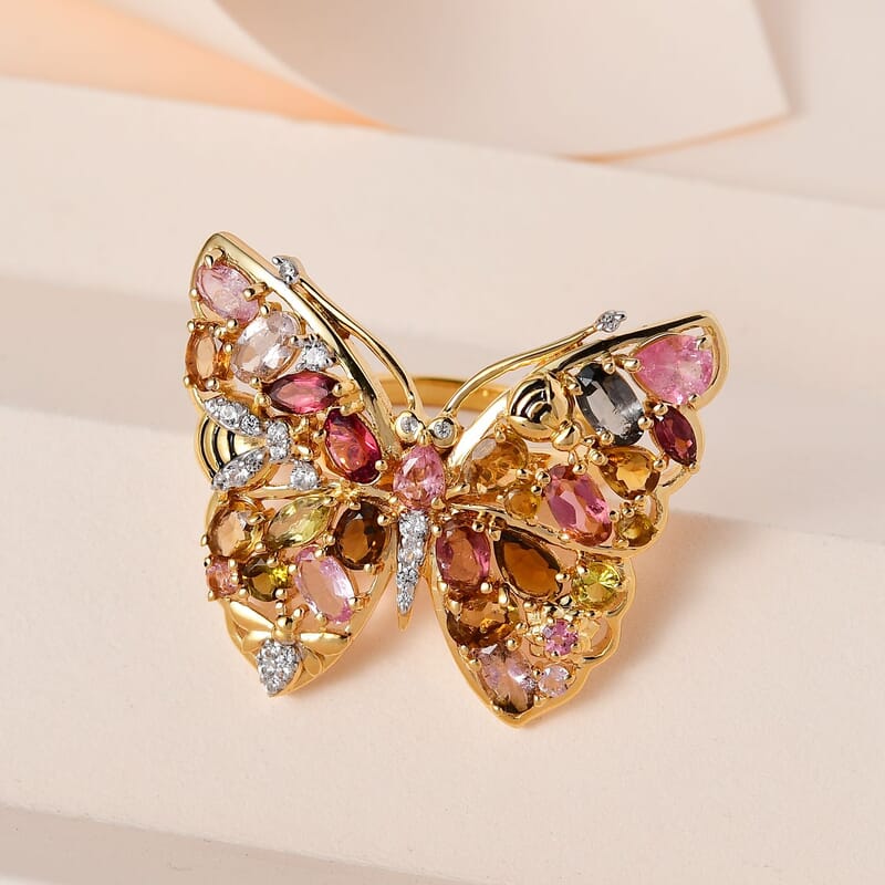Multi-Tourmaline, Multi Gemstone 4.61 ctw Ring in 18K Vermeil Yellow Gold Over Sterling Silver (Size 11.5)